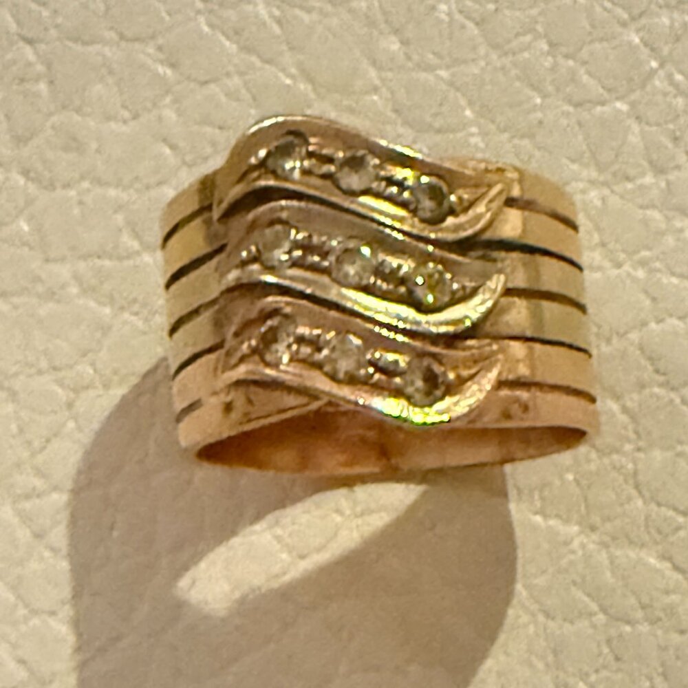 VINTAGE 18K TRICOLOR GOLD DIAMOND WAVE BAND RING 750 YELLOW WHITE ROSE 8 G 7